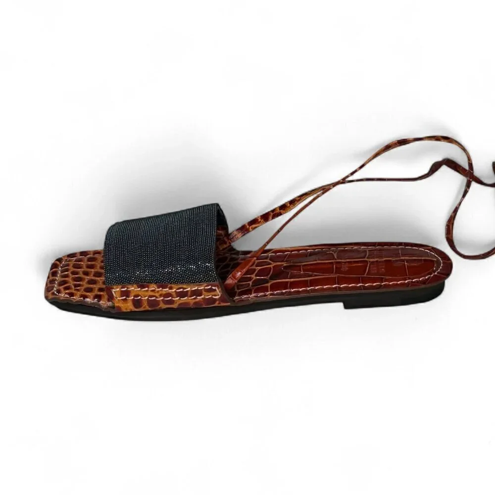 Brunello Cucinelli Women's Orange & Brown Croc Embossed Flat Sandals Sz 37 NWOB